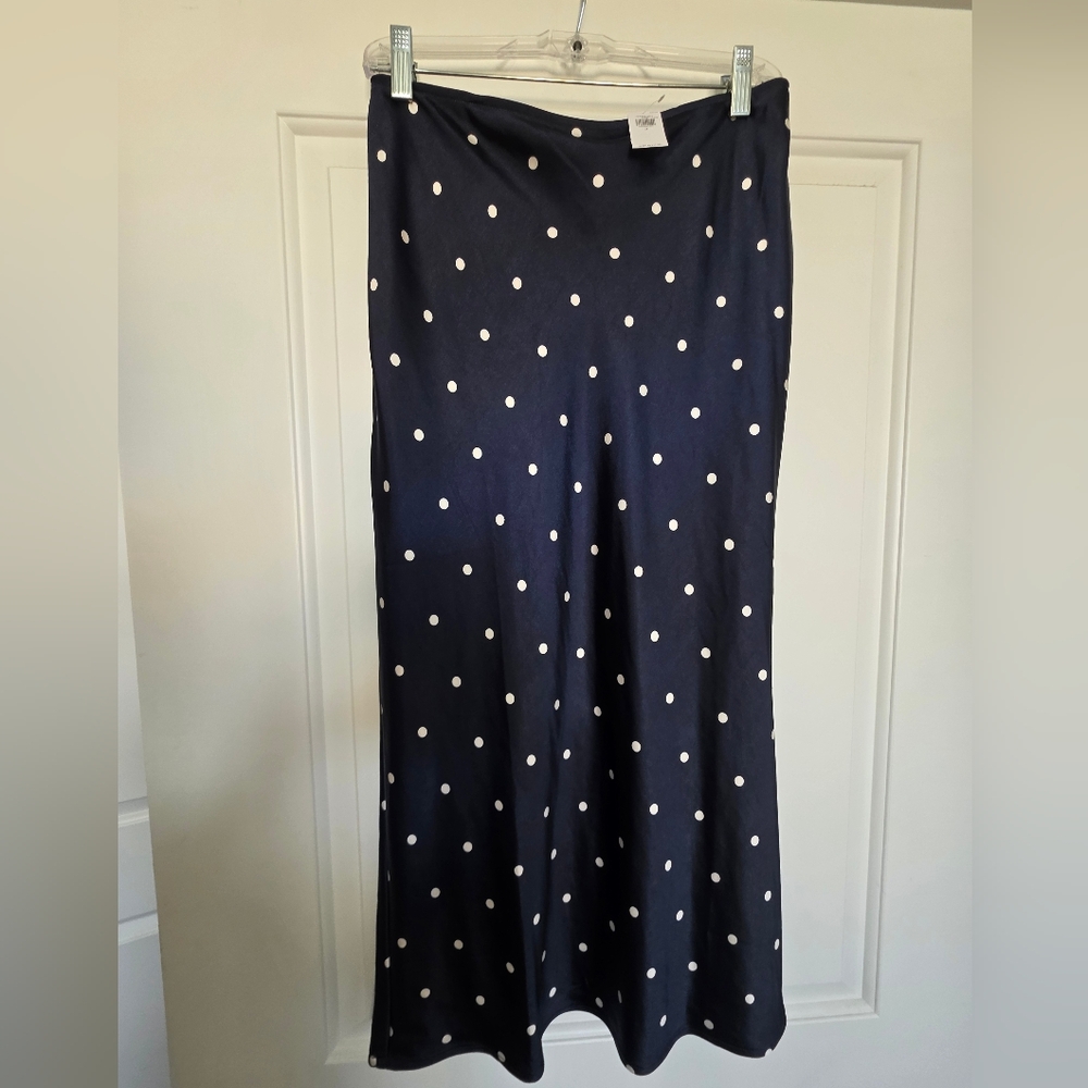 Satin Polka Dot Maxi Slip Skirt in Navy and White